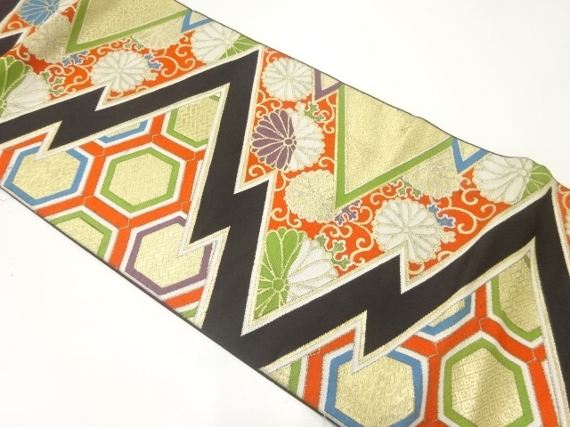 JAPANESE KIMONO / ANTIQUE FUKURO OBI / SILK / WOVEN MATSUKAWABISHI & KIKU & ARABESQUE